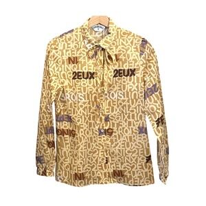 Vintage Dimension V Blouse Typographic Print Bow Neck Dark Academia Librarian